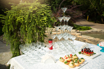 empty champagne glasses on the festive table