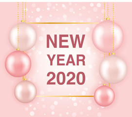 New Year 2020. Gentle pink banner with Christmas balls and confetti. Vector illustration. Concept for poster of greeting card.