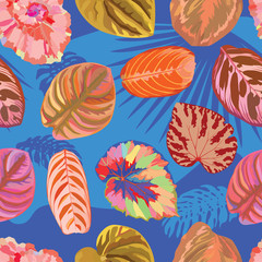 Vivid realistic vector leaves seamless blue background