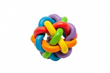 Multicolored rubber toy ball of many interlaces isolated on white background