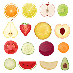 Fruit slice vector fresh fruity sliced food juicy orange lemon citrus cut illustration set of healthy ripe vegetables and tropical fruits tomato watermelon apple kiwi vitamin