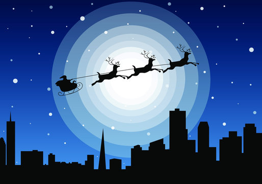 Santa Claus Flying Over City At Night