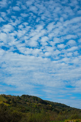 Schäfchenwolken über Wald im Herbst