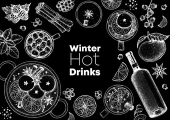 Mulled wine, winter hot drink. Hand drawn sketch. Vector illustration. Christmas invitation design template. Sketch collection. Christmas bar menu. Mulled wine, coffee and tea.