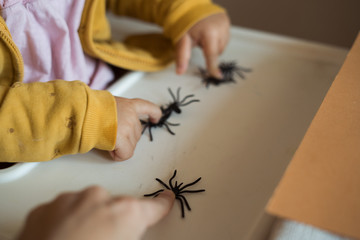 Hands of a child playing with black rubber spiders toys. Halloween october concept.