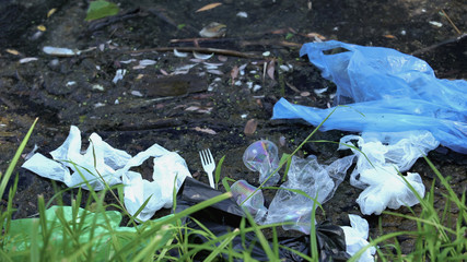 Dirty lake with toxic plastic waste, harmful impact of human living, environment