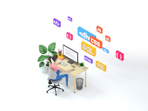 Woman Web Developer Working On Freelance. Isometric Illustration Icon With Web Development For Concept Design. 3d Render.