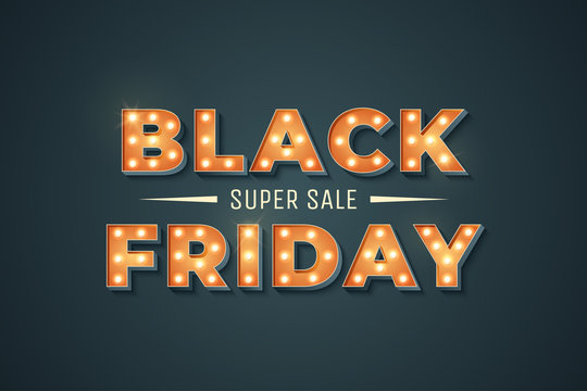 Black Friday sale retro sign with light bulb. Bright vintage marquee sign on dark background. Super sale special offer. Promo banner. Element for your design. Vector illustration