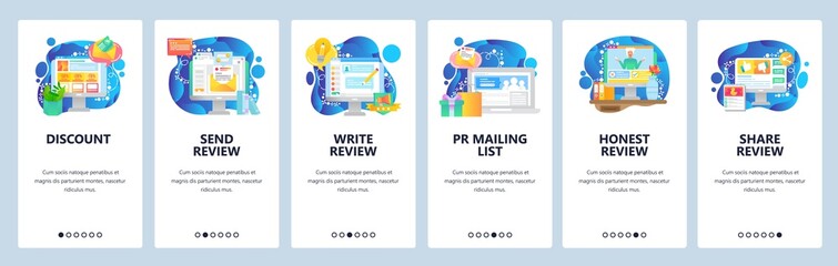 Mobile app onboarding screens. Online shopping and products reiew, sale, discount, promotion. Menu vector banner template for website and mobile development. Web site design flat illustration