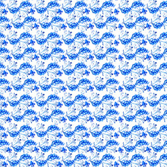 Watercolor seamless pattern with blue  flowers and lace in folk gzhel style. Hand painting ornament. Russian floral  background.  for greeting, christmas, wedding bacdrops or textile, wallpappers