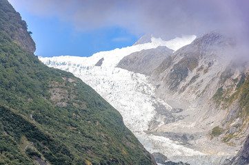 Naklejka premium Franz Josef Glacier and valley floor, Westland, South Island, Franz Josef Glacier National Park, in New Zealand