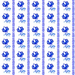 Watercolor seamless pattern with blue  flowers and lace in folk gzhel style. Hand painting ornament. Russian floral  background.  for greeting, christmas, wedding bacdrops or textile, wallpappers