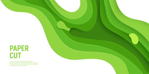 Green paper cut banner with 3D slime abstract background and green waves layers. Abstract layout design for brochure and flyer. Paper art vector illustration