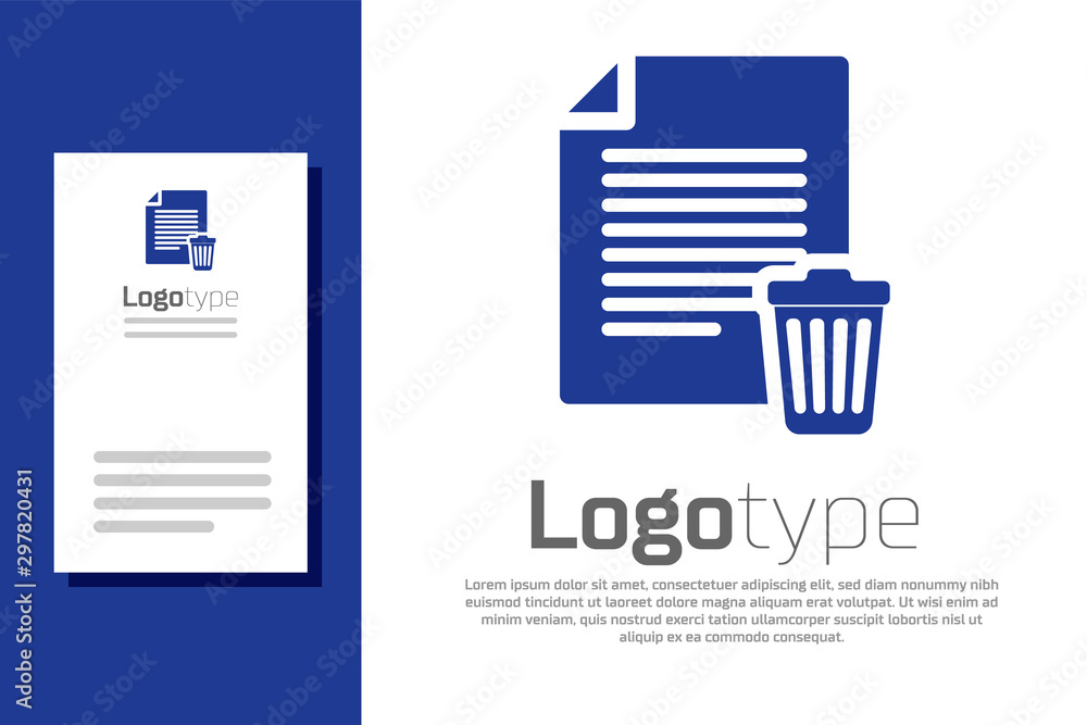 Poster blue delete file document icon isolated on white background. paper sheet with recycle bin sign. reje