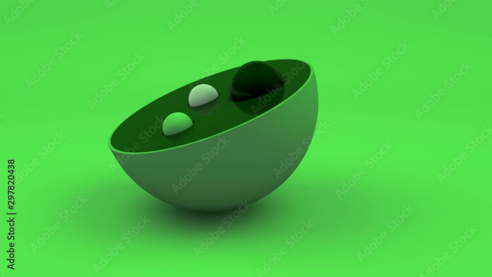 Poster 3d animation of a moving hemisphere with small balls on the plane. green background. animation with 