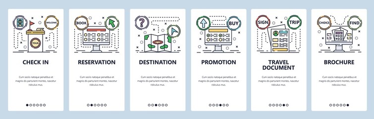 Mobile app onboarding screens. Travel documents, book a tour, buy online. Menu vector banner template for website and mobile development. Web site design flat illustration