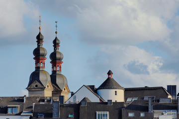Roof tops and double church towers in a city of Koblenz, Germany