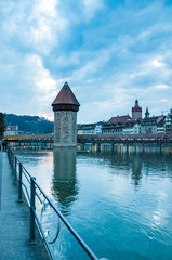 View at the Chapel bridge over Reuss river in Luzern (Lucerne), Switzerland.