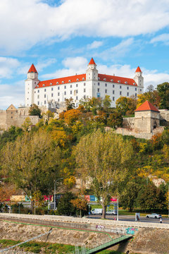bratislava castle on the hill. beautiful travel destination of slovakia. sunny weather with clouds on the sky.