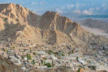 View of Leh nature landscape, the capital of Ladakh, Northern India. Leh city is located in the Indian Himalayas at an altitude of 3500 meters.