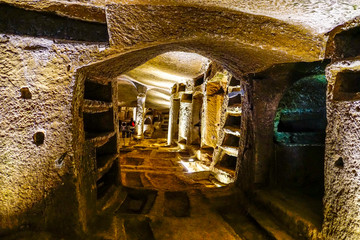 View from the entrance to the catacombs of San Gennaro, Naples, Italy. - obrazy, fototapety, plakaty