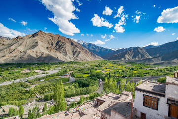 Beautiful Landscape view mountain and river from Matho monastery ( Gompa ) temple. India, Ladakh, Thiksey Monastery