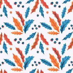 Christmas watercolor seamless patterns with holly leaves and berries