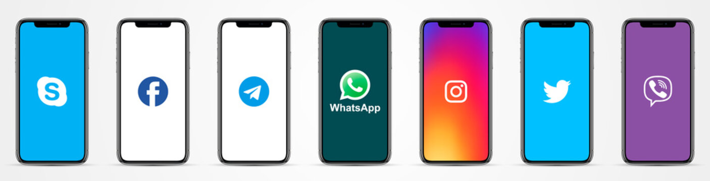 MOSCOW, RUSSIA - OCTOBER 23, 2019: Apple Iphone With Different Instant Messenger Logos: Skype, Facebook, Telegram, WhatsApp, Instagram, Twitter, Viber.