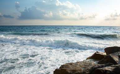 Seascape waves with foam of the Mediterranean Sea