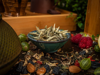 Preparation of the tea ceremony, tea in the bowl. Handmade cups
