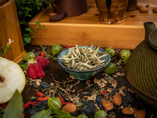 Preparation of the tea ceremony, tea in the bowl. Handmade cups