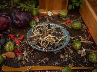Preparation of the tea ceremony, tea in the bowl. Handmade cups
