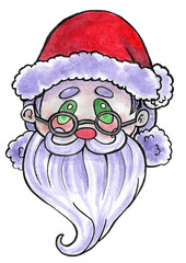 watercolor illustration of beautiful Christmas cute Santa Claus head with glasses on white background