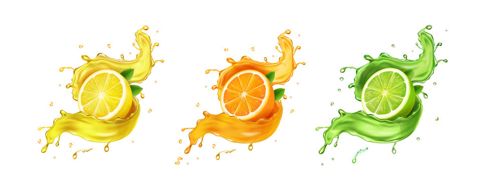 Juice splash lemon, orange, lime set. Citrus splashig fresh collection realistic vector
