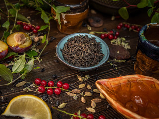 Preparation of the tea ceremony, tea in the bowl. Handmade cups
