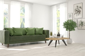 Stylish room in white color with sofa. Scandinavian interior design. 3D illustration