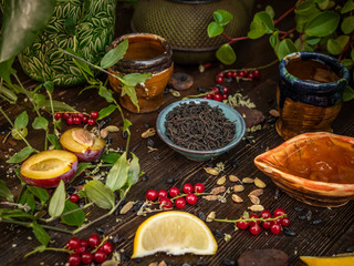 Preparation of the tea ceremony, tea in the bowl. Handmade cups