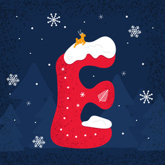 Winter Decorated Alphabet. Snow holiday letter E