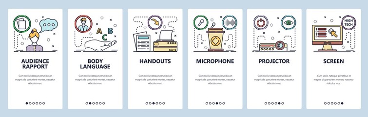 Mobile app onboarding screens. Public speaking and presentation icons, projector, screen, microphone and tribune. Vector banner template for website and mobile development. Web site illustration