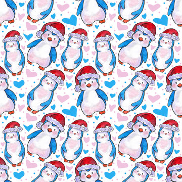 watercolor illustration Seamless pattern cute Christmas penguins with red cap with blue and pink hearts on white background.image for posters, Wallpapers, banners, postcards