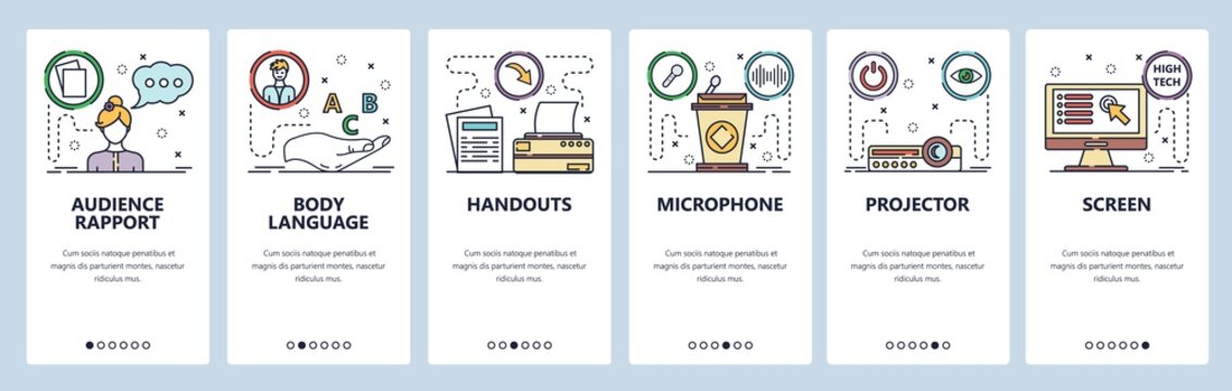 Mobile app onboarding screens. Public speaking and presentation icons, projector, screen, microphone and tribune. Vector banner template for website and mobile development. Web site illustration