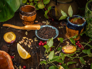 Preparation of the tea ceremony, tea in the bowl. Handmade cups