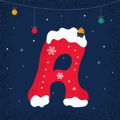 Winter Decorated Alphabet. Snow holiday letter A