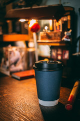 A gray coffee mug placed on the table