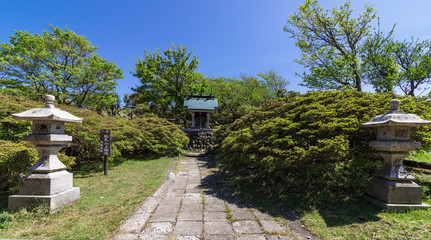 Buddhism Pagoda Monument inside Nature of Buddha Path on the Top of Mount Tsurumi. Beppu, Oita Prefecture, Japan.