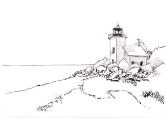 Ink drawing lighthouse on the seashore.