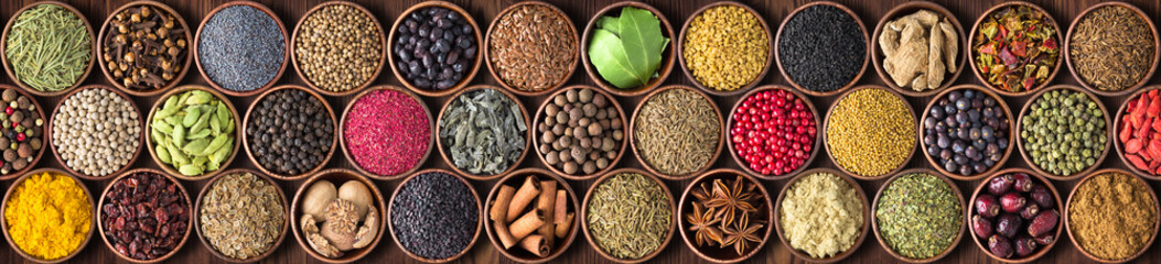 Indian seasoning for food, colorful background. spice texture, top view