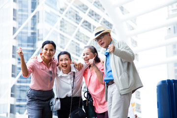 Elderly Travel and tourism concept. Asian nenior groups happy life after retirement and enjoying trip