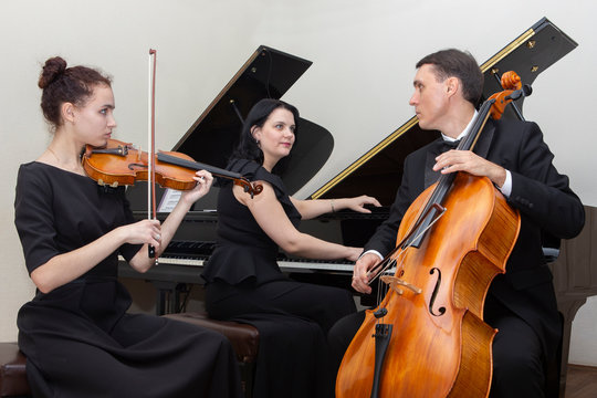 Musicians of the symphony orchestra. A young violinist and cellist play, the pianist accompanies them.