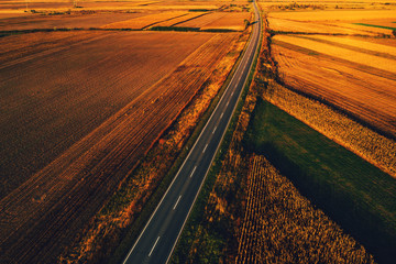 Empty road through countryside in autumn sunset, aerial view